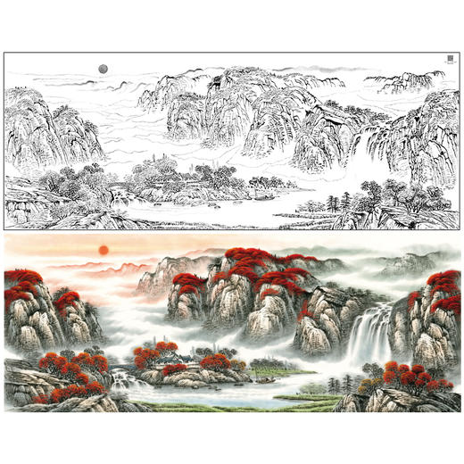 【大彩图】佚名横幅工笔画白描底稿《鸿运当头》临摹勾线山水底稿FS04 商品图0