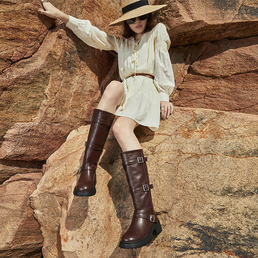 西遇牛仔骑士靴女新款秋冬复古长筒西部靴黑色圆头厚底长靴子D0034217 商品图3