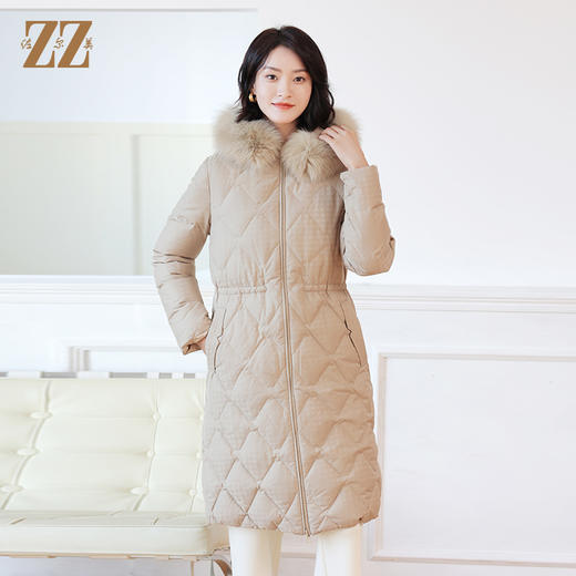 佐尔美冬季新款 简约时尚双面穿菱形格可拆狐毛领羽绒服女E14YH16 商品图0
