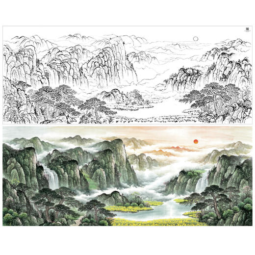【大彩图】横幅工笔画白描底稿《绿水青山》临摹勾线山水底稿FS11 商品图0