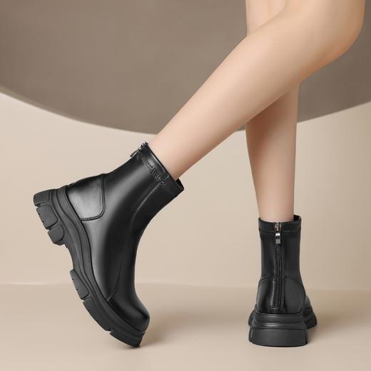 ZHR加绒短靴机车靴皮靴时尚马丁靴英伦风中筒厚底复古女靴子保暖 商品图1