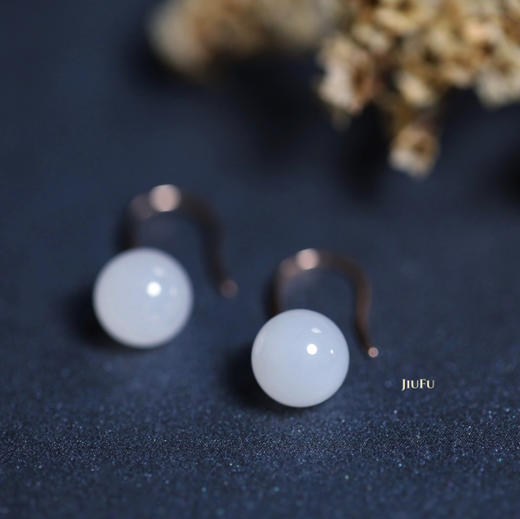 18K玫瑰金和田玉（白玉）耳钩/圆珠8mm/总长22.5mm 商品图2