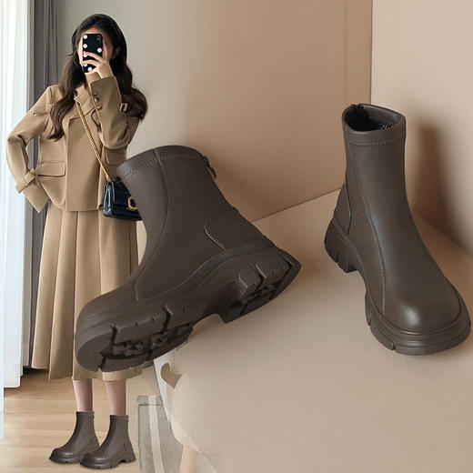 ZHR加绒短靴机车靴皮靴时尚马丁靴英伦风中筒厚底复古女靴子保暖 商品图8