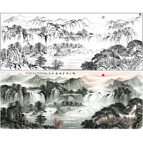 【大彩图】横幅工笔画白描底稿《绿水青山》临摹勾线山水线稿FS12