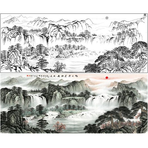 【大彩图】横幅工笔画白描底稿《绿水青山》临摹勾线山水线稿FS12 商品图0
