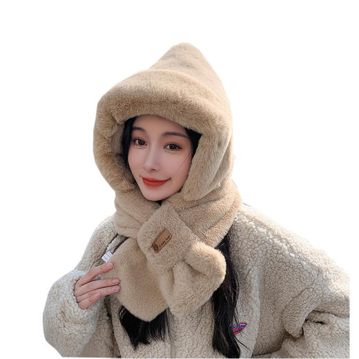 「四色可选！围巾帽子二合一」秋冬季保暖毛绒加厚可爱护耳帽子防寒围脖连帽配饰 商品图4