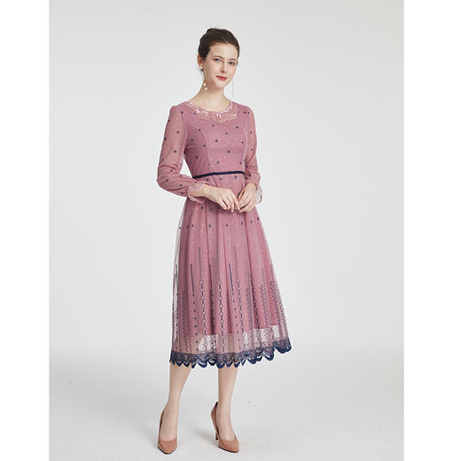 司歌刺绣连衣裙圆领网纱长袖弹力修身A881268 商品图2