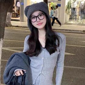 「4色可选！小熊护耳帽」2023新款小熊护耳帽秋冬季保暖毛线帽韩版灰色护耳针织帽配饰