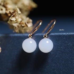 18K玫瑰金和田玉（白玉）耳钩/圆珠8mm/总长22.5mm