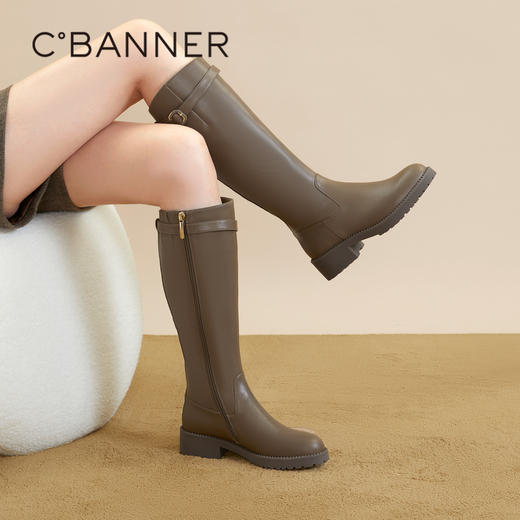 千百度棕色美拉德长靴女鞋冬季厚底增高骑士靴高筒靴A23577703 商品图2
