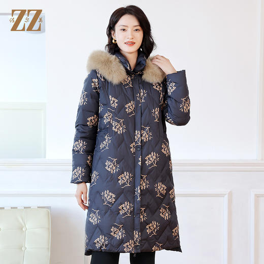 佐尔美冬季新款 气质时尚双面穿碎花可拆狐毛领羽绒服女E14YH24 商品图3