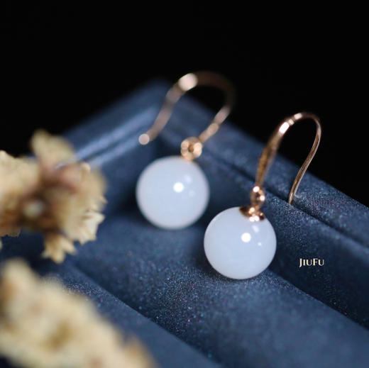 18K玫瑰金和田玉（白玉）耳钩/圆珠8mm/总长22.5mm 商品图1