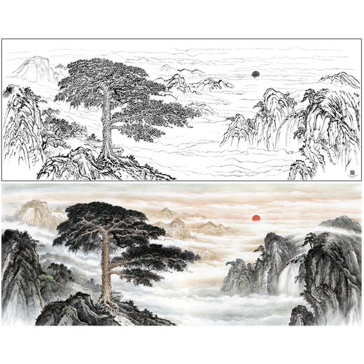 【大彩图】横幅工笔画白描底稿《迎客松》临摹勾线山水线稿FS15 商品图0