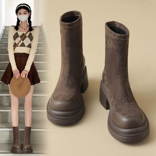 ZHR加绒高跟短靴女秋冬气质粗跟瘦瘦靴显瘦厚底弹力靴马丁靴 商品图4