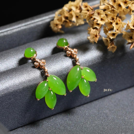 18K玫瑰金和田玉（碧玉）镶钻耳钉--凝翠/半珠4.5mm/马眼12*6、9*5mm/总长33mm 商品图1
