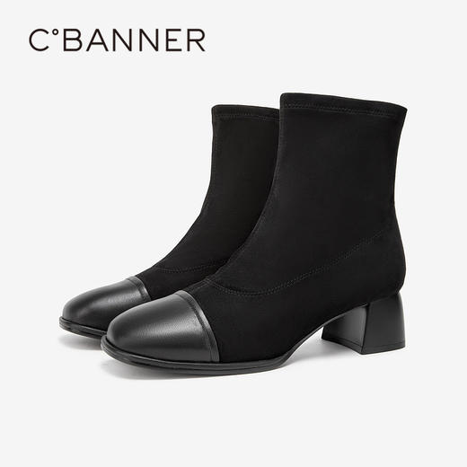 千百度粗高跟靴拼接时装靴冬季瘦瘦靴洋气小短靴女鞋保暖A23576501 商品图4