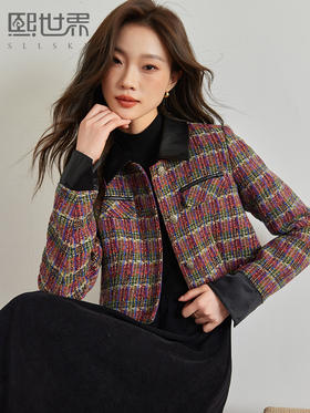 【年货节】熙世界彩色粗花呢小香风短外套小个子秋冬夹棉气质法式名媛上衣