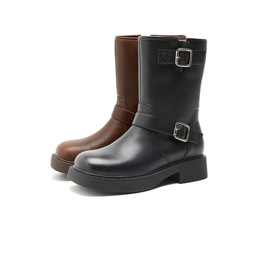 西遇中筒骑士靴女新款秋冬宽筒搭扣马丁靴黑色方头厚底短靴子20034162 商品图4