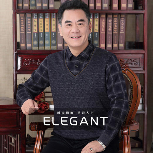 【加绒加厚工艺，有效保暖！】中老年加绒加厚假两件毛衣，男40-50岁爸爸秋冬装加绒T恤男中年男装lm 商品图0