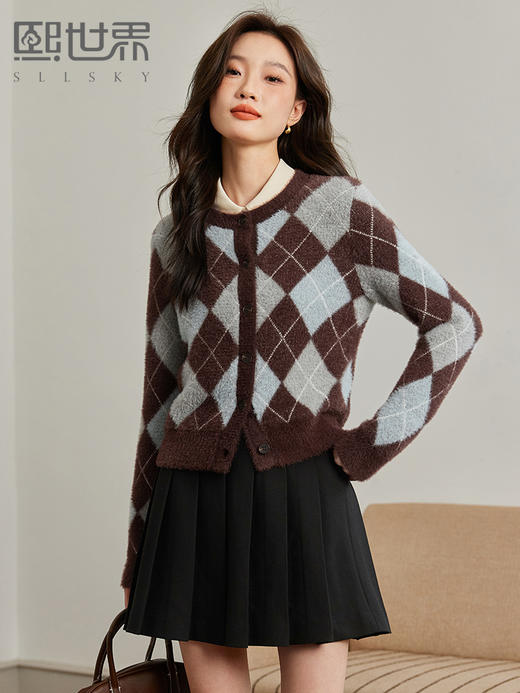 【99元福袋，不支持退换】熙世界水貂绒毛衣开衫女2025秋冬慵懒学院风复古菱格短款针织外套 商品图0