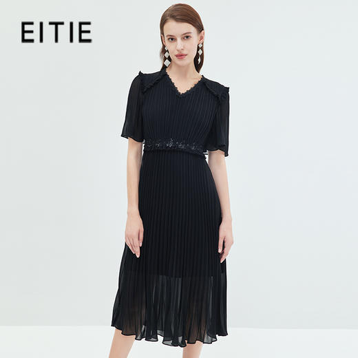 EITIE爱特爱夏季时尚纯色显瘦法式气质优雅百褶收腰连衣裙7077704J 商品图0