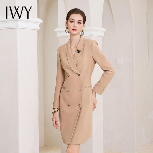 IWY/时尚高端卡其色双排扣连衣裙设计感职业西装裙Q1004 商品图0