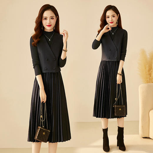 秋冬新款，洋气时尚百搭皮马甲+金丝绒毛织连衣裙两件套HR-YBER365 商品图1