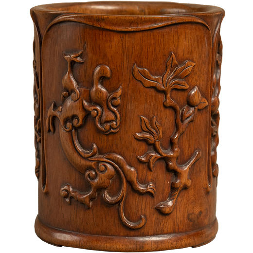 清 黄花梨雕螭龙纹花口笔筒 商品图5