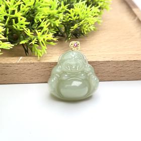 18K和田玉吊坠-水青桃心佛公