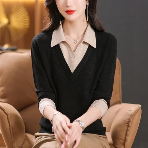 【双11】2024新款宽松时尚显瘦POLO领拼色螺纹套头针织衫假两件CC-101-68977 商品图2