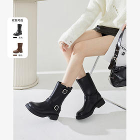 西遇中筒骑士靴女新款秋冬宽筒搭扣马丁靴黑色方头厚底短靴子20034162