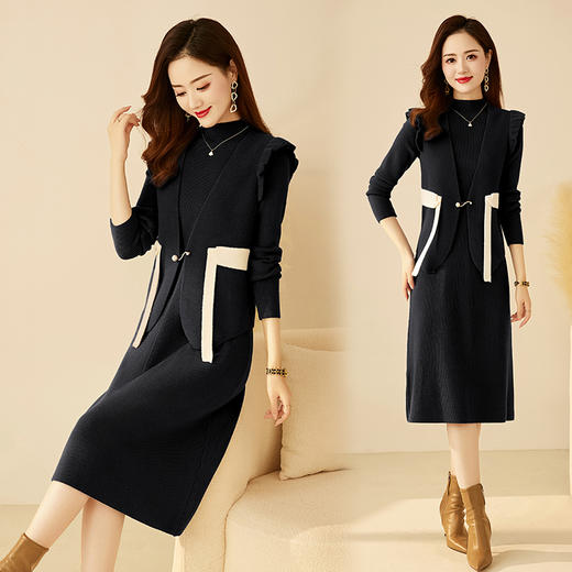 秋冬新款，洋气荷叶边修身设计飘带马甲+珍珠扣两件套HR-YBER352 商品图3