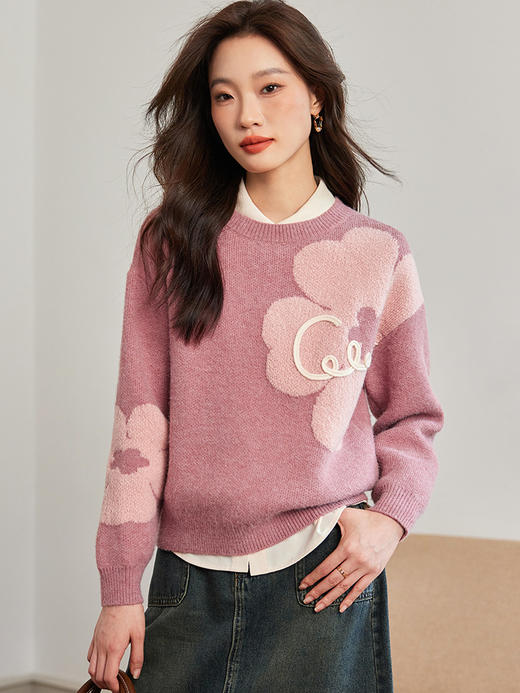 【129选3件，不退换】熙世界粉色花朵软糯毛衣女慵懒风2025秋冬新款超好看套头针织衫 商品图5