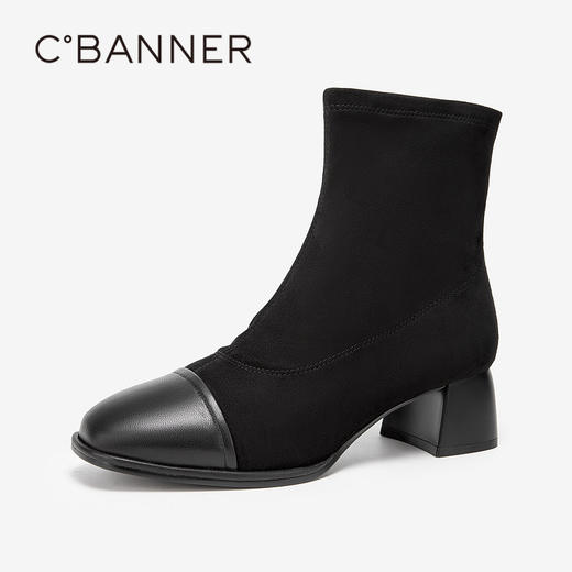 千百度粗高跟靴拼接时装靴冬季瘦瘦靴洋气小短靴女鞋保暖A23576501 商品图0