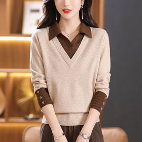 【双11】2024新款宽松时尚显瘦POLO领拼色螺纹套头针织衫假两件CC-101-68977