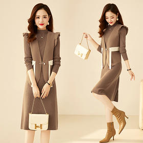 秋冬新款，洋气荷叶边修身设计飘带马甲+珍珠扣两件套HR-YBER352