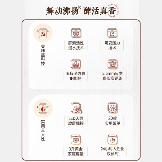松下（Panasonic）饭之舞系列3L电饭煲 五段变频IH大火力家用电饭锅2-6人 备长炭铜釜 可预约 SR-HZ102 商品图2