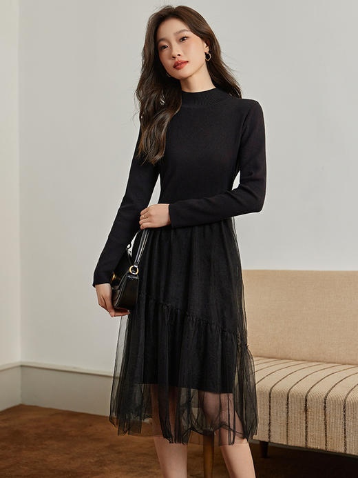 【年终特卖】熙世界半高领针织拼接网纱连衣裙女2025秋冬新款赫本风打底小黑裙 商品图5