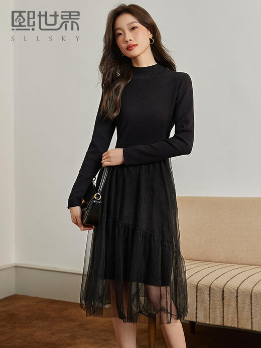 【年终特卖】熙世界半高领针织拼接网纱连衣裙女2025秋冬新款赫本风打底小黑裙 商品图0