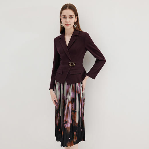 EITIE爱特爱冬季新款高腰修身拼接优雅百褶裙摆假两件连衣裙7207931 商品图1