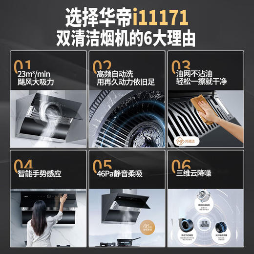 华帝（VATTI）i11171侧吸抽油烟机 23风量大吸力智能挥手控制 高频自动洗450pa速排烟机 油烟机 单品 商品图0