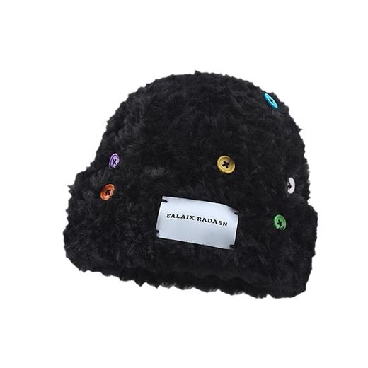 「黑白两色！韩版毛绒帽」韩版毛绒加厚针织帽纽扣点缀保暖帽可爱显脸小毛线帽冬季配饰 商品图4