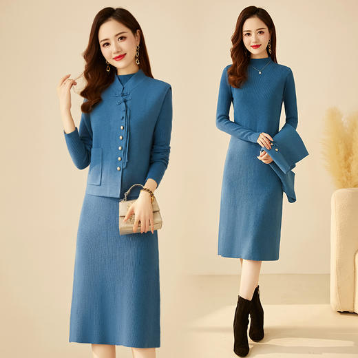 秋冬新中式，设计流苏口袋盘扣款小立领马甲两件套连衣裙HR-YBER358 商品图0