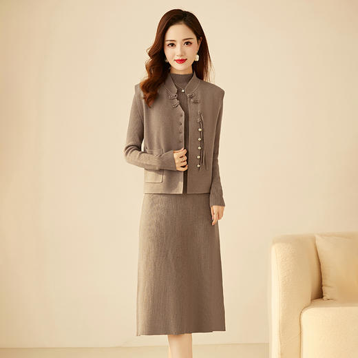 秋冬新中式，设计流苏口袋盘扣款小立领马甲两件套连衣裙HR-YBER358 商品图3