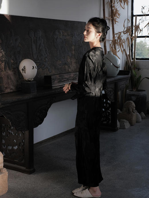 盛唐牡丹 |梅兰竹菊真丝冠乐皱斜襟旗袍裙 商品图9