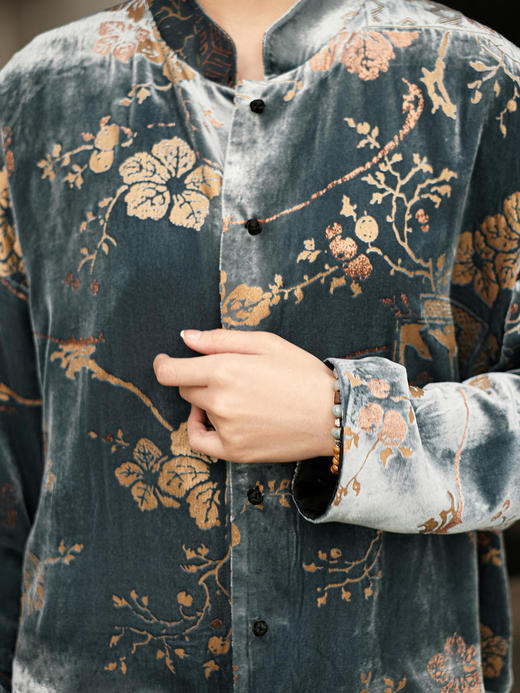 限量款| 盛唐牡丹 |蓝灰色丝绒烫金双面穿外套 (不夹棉) 商品图1