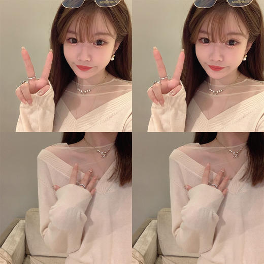 奶白 茶橘 金蘑菇菇 我爱纱纱毛衣/ 内搭top 蕾丝拼接v领设计感精致温柔毛衣 商品图2