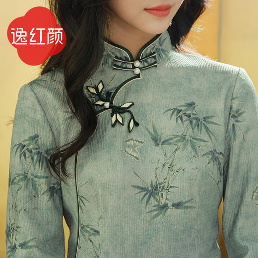 逸红颜竹颜2025秋季新款针织旗袍改良版连衣裙女手工竹叶盘扣 商品图1