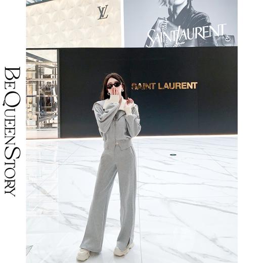 BeQueenStory【曲率飞行】运动风烫钻宽松假两件加棉上衣直筒裤套装 商品图3