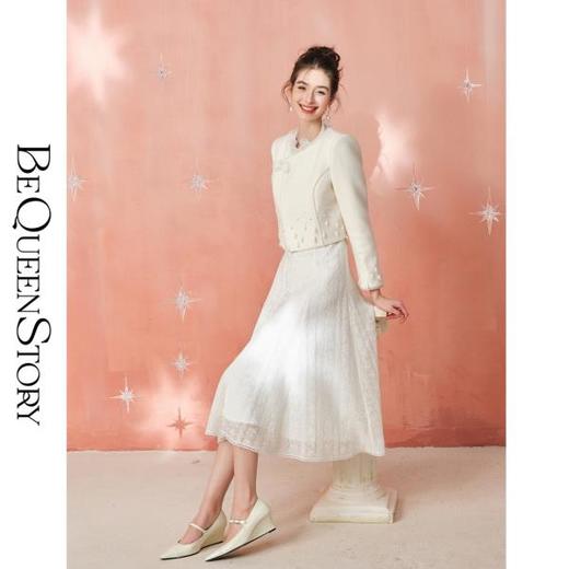 BeQueenStory【雪落梨花】澳毛法式蕾丝水晶珠水貂毛盘扣单面呢外套 商品图2